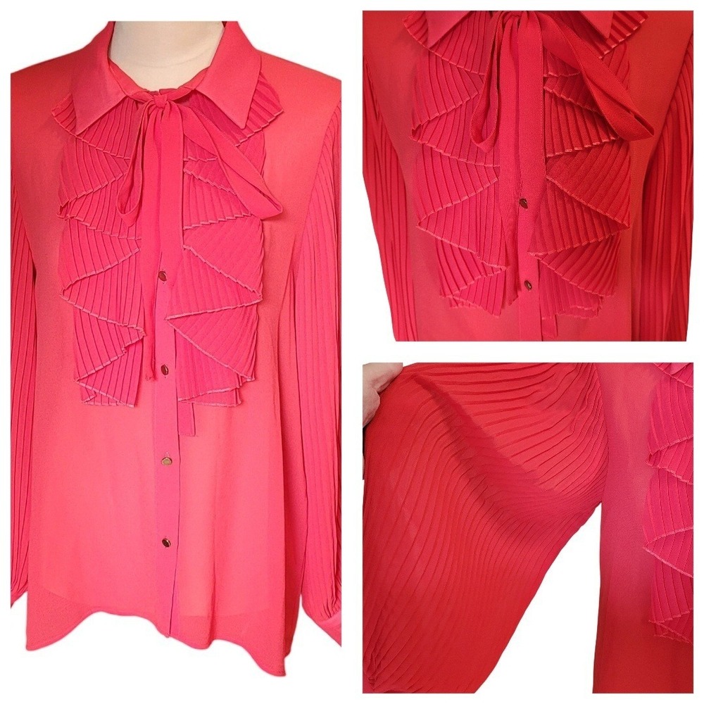 Zara Red Blouse M Pleated Ruffle Tie Neck Poetcore Balloon Sleeve Dark Romantic